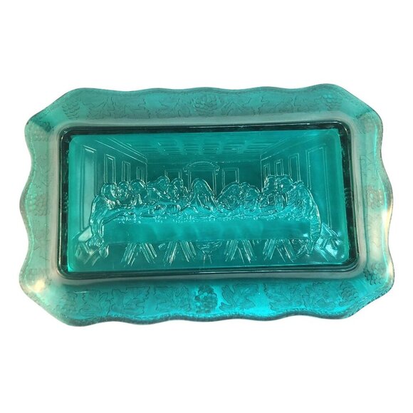 Vintage Indiana Tiara Glass Green Bread Plate With Last Supper Design - Picture 3 of 8
